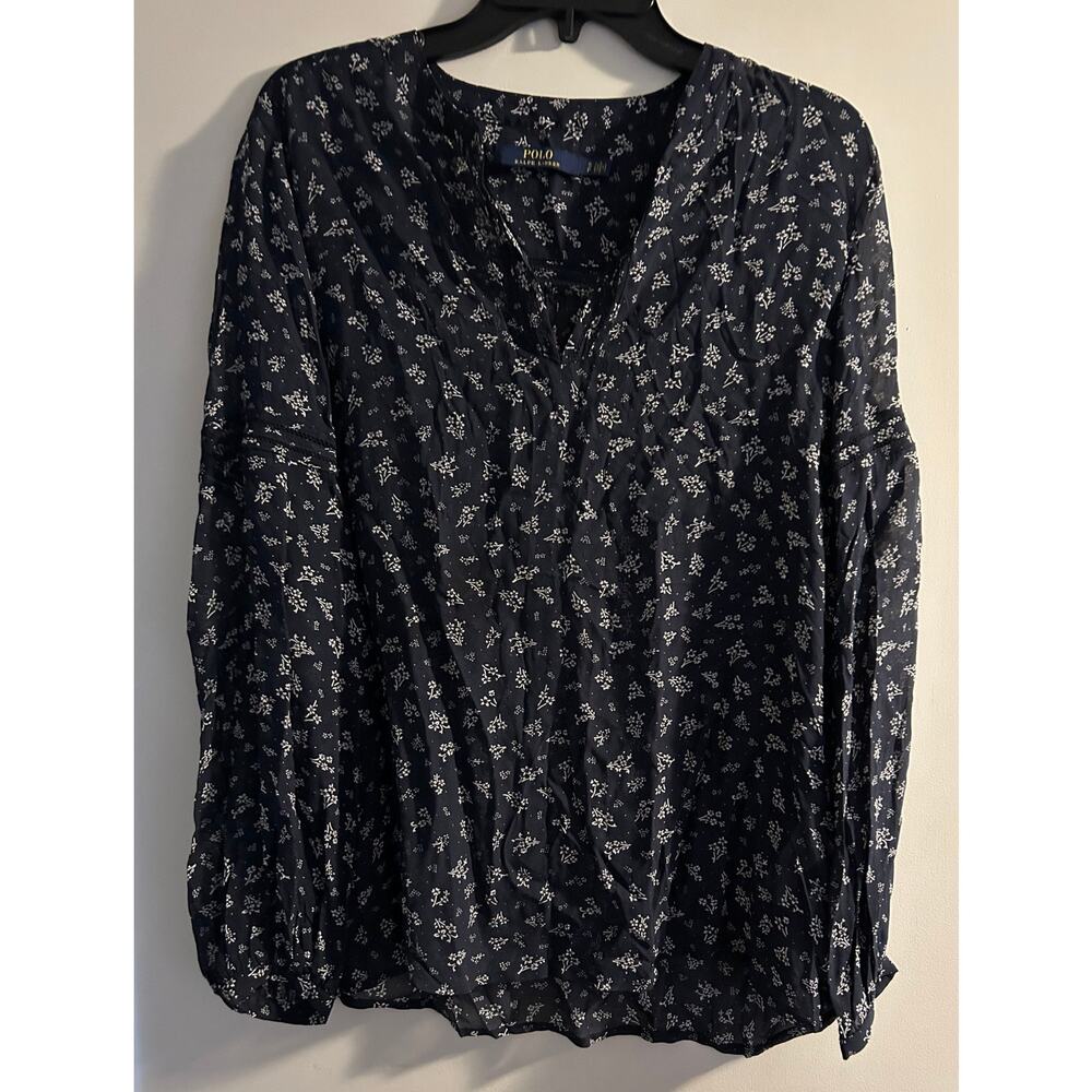 Polo Ralph Lauren Women- Blue/White Blouse Long Sleeve Floral Viscose-Size S